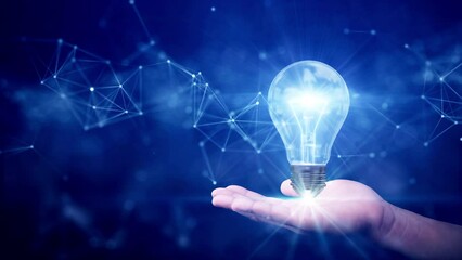 Poster - business idea creative concept technology. Illuminated light bulb and connected polygons above hand on dark blue background.