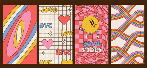 Poster - Set of bright groovy vertical posters. 70s Retro stories banners with psychedelic backgrounds with flowers, geometric shapes and retro carton character, vintage prints. Contour vector illsutation.