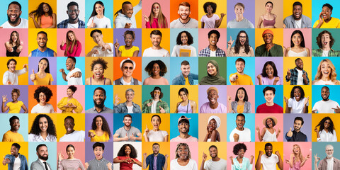 Poster - Creative collage with lot of smiling multicultural faces over colorful backgrounds