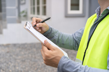 Building inspection, contractor asian young man, male inspecting home, reconstructed construction, renovation or check defect, before finish handing it over to client. Engineering worker, copy space.