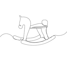 Children s toy rocking horse one line art. Continuous line drawing of childhood, relax, rest, play, fun, happy childhood, ride, kindergarten.