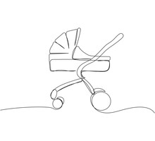 Modern Baby Stroller One Line Art. Continuous Line Drawing Of Childhood, Safety, Protection, Transportation, Personal, Classic Style, For Winter.