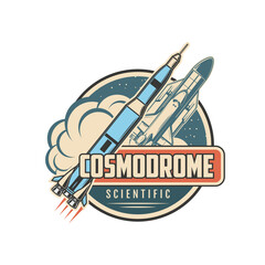 Wall Mural - cosmodrome vector icon with space rocket and shuttle. astronomy science, galaxy adventure, spaceport