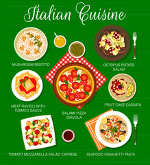 Sticker - Italian cuisine food menu page. Mushroom risotto, seafood spaghetti pasta and tomato mozzarella salad Caprese, meat ravioli with tomato sauce and cake Cassata, pizza Diavola, octopus potato salad