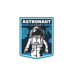 Wall Mural - astronaut academy vector icon with spaceman in outer space of galaxy universe, moon and earth planet
