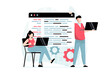 © alexdndz - Software development concept with people scene in flat design. Man and woman working as programmer, writing code using laptops, develops programs. Illustration with character situation for web