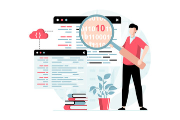 software development concept with people scene in flat design. man working as programmer, searches a