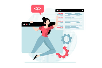 software development concept with people scene in flat design. woman programming and fixing code, cr