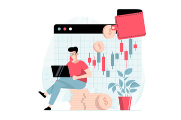 Poster - Stock market concept with people scene in flat design. Man analyzes bar chart from laptop, buys and sells shares of company for earning profit. Illustration with character situation for web