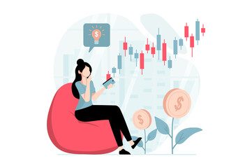 Fototapete - Stock market concept with people scene in flat design. Woman makes right forecasting and decisions on stock exchange and increases her income. Illustration with character situation for web