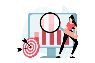 Poster - Strategic planning concept with people scene in flat design. Woman with magnifier explores data, creates success targeting and develops business. Illustration with character situation for web