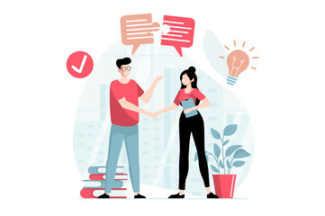 Aufkleber - Teamwork concept with people scene in flat design. Man and woman shake hands and make deal, collaborate on project, agree on business partnership. Illustration with character situation for web