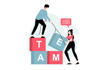 teamwork concept with people scene in flat design. man and woman build with blocks, do work tasks, s