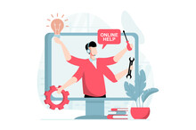 Technical Support Concept With People Scene In Flat Design. Man In Headset With Tools Helping To Solve Problems With Computers And Repairs Online. Illustration With Character Situation For Web