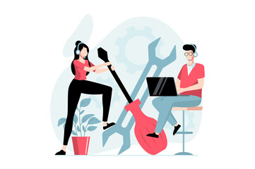 Leinwandbilder - Technical support concept with people scene in flat design. Man and woman in headset answer customer questions, help with troubles and settings. Illustration with character situation for web