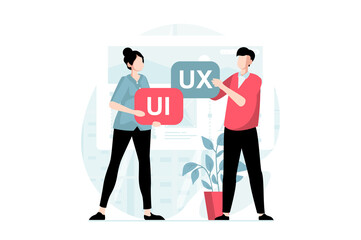 Aufkleber - UI and UX design concept with people scene in flat style. Team of designers creating sites interface, pages layout, doing research and prototyping. Illustration with character situation for web