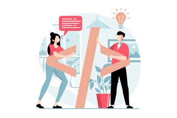 Web development concept with people scene in flat design. Man and woman developing program code, use scripts on site, optimize and customize. Illustration with character situation for web