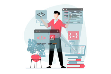 web development concept with people scene in flat design. man works with different parts of code on 