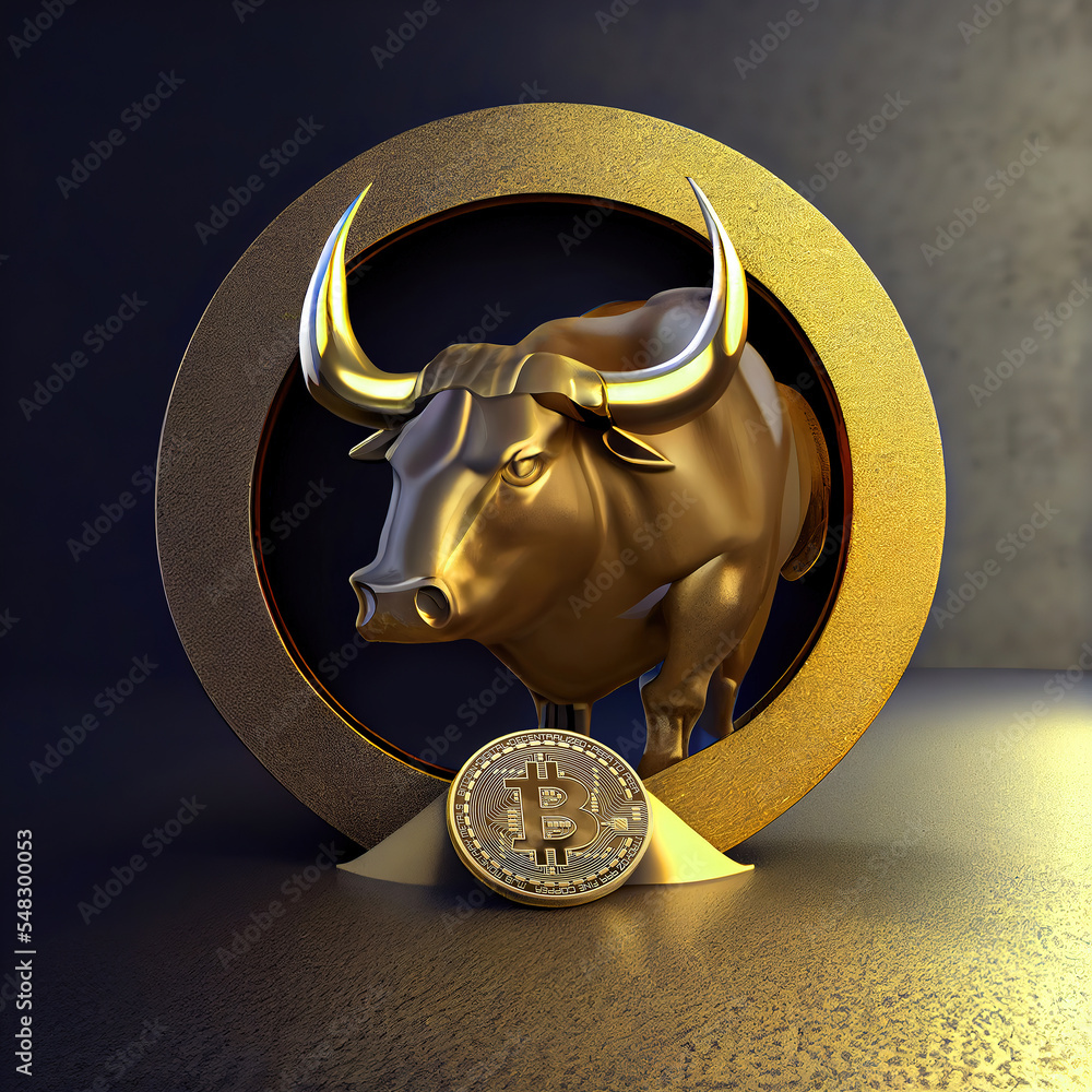 golden bitcoin BTC coin with golden bull for crypto bull market concepts,  mixed digital 3d illustration and matte painting Stock Illustration | Adobe  Stock