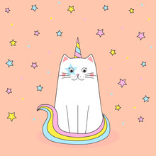 Cute Unicorn Cat With Rainbow Horn And Tail. Design For Postcard, Banner. Vector Illustration In Doodle Style