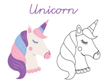 Cute Cartoon Unicorn. Color And Black White Vector Illustration For Coloring Book