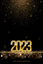 2023 Happy New Year Vector Banner Vector Template. Winter Holiday, Christmas Congratulations. Festive Postcard, Luxurious Greeting Card Concept. 2023 Number With Golden Glitter Illustration.
