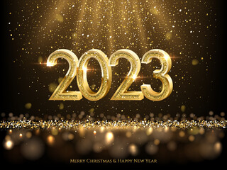 Wall Mural - 2023 happy new year greeting card vector illustration. 2023 golden numbers with gold falling confett