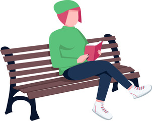 Canvas Print - Young woman reading book on bench semi flat color raster character. Sitting figure. Full body person on white. Park visitor simple cartoon style illustration for web graphic design and animation