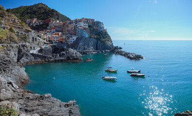 Sticker - The small town of Manarola, Italy, One of the Cinque Terre villages and one of the most famous views in Italy, during an autumn day - October 2022.