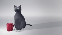 Cat Drinking Hot Coffee, In A Funny, Toon 3D Graphics Background Loop. Pet Shop Video Template, With Copy Space
