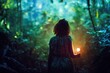 A woman in a jungle forest with a light in her hand, abstract, backview