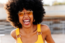 Beautiful Young Black Woman Outdoors In The City - Afro American Cheerful Female Adult Portrait