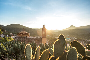 View of San Pedro hill at sunrise in San Luis Potosi, old town like Real de Catorce, Mexico (Cerro de San Pedro pueblo magico)