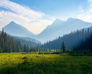 Scenic green countryside landscape with mountains and forests in the background