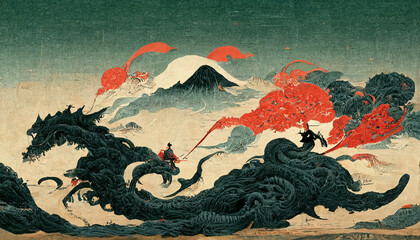 chinese dragon on the wall - Ukiyo-e style