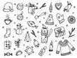 Set of Christmas design elements in doodle style black and white