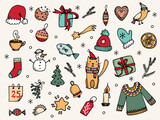 Fototapeta  - Set of Christmas design elements in doodle style color