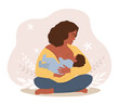 A woman sits in the lotus position with her legs crossed and feeds a baby with breast milk. Mother and newborn together. Vector graphics.