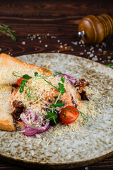 Canvas Print - Lunch red fish with cheese, tomatoes, sun-dried tomatoes, olives, onions, greens and toast in a plate.