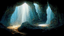 Midjourney Illustration Of A Cave With View Of The Outside On Bright Light, Concept For Hope