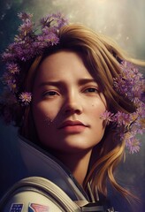 Wall Mural - A fictional person, not based on a real person. Portrait of a fictional astronaut with flowers on his head. High-tech astronaut from the future. The concept of space travel. 3D rendering