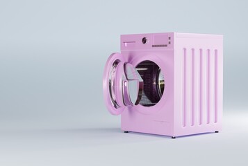 Wall Mural - Washing machine on a white pastel background. Concept of doing laundry, using a washing machine for laundry. 3D render, 3D illustration.