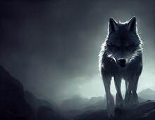 Grunge Sketch Of A Lone Grey Wolf At Night Stalking Its Prey In The Cold Winter.