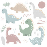 Fototapeta Dinusie - Vector hand drawn doodle dinosaur set. Modern clipart set with dots, spots, doodles and dino. In pastel colors.