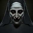 Portrait 3d render of evil scary possessed nun. Character design of creepy religious woman. Isolated on black background.