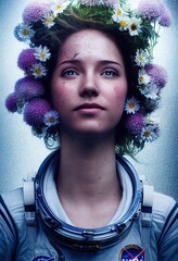 Wall Mural - A fictional person, not based on a real person. Portrait of a fictional astronaut with flowers on his head. High-tech astronaut from the future. The concept of space travel. 3D rendering