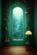 Hallway With Christmas Decorations And Lamp Table, Retro Style