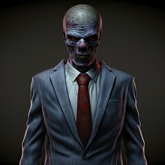 Wall Mural - 3d render portrait of a zombie businessman in suit. Undead CEO. Character design.