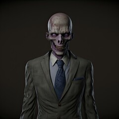 Wall Mural - 3d render portrait of a zombie businessman in suit. Undead CEO. Character design.