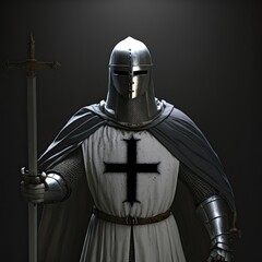 Wall Mural - Medieval templar crusader knight in full armor 3d render. Character design portrait. Isolated on black background.